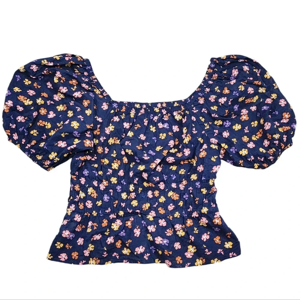 Madewell Smocked Waist Aloha Floral Puff Sleeve Crop Top Size XS